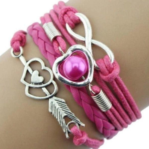 Infinity, Hearts, Arrow, Hot Pink & Silver Friendship Bracelet