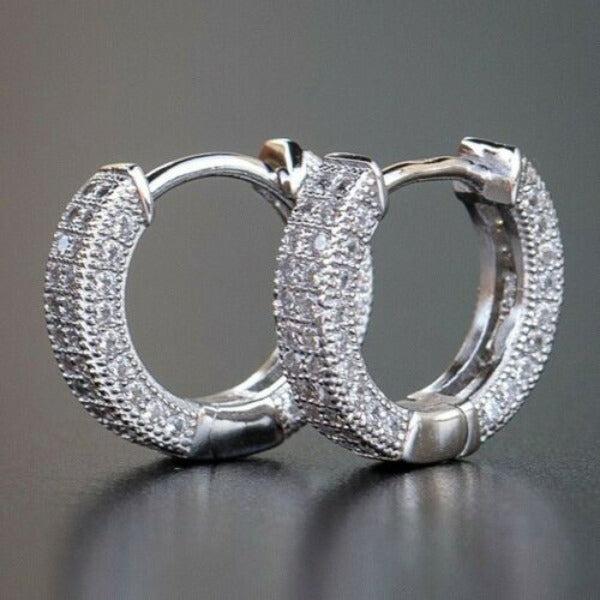 Inlaid Crystals Silver Tone Small Hoop Earrings-Earring-SPARKLE ARMAND