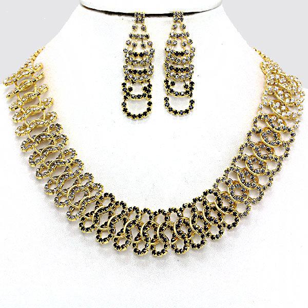 Intricate Ring Black Clear Gold Collar Necklace Set