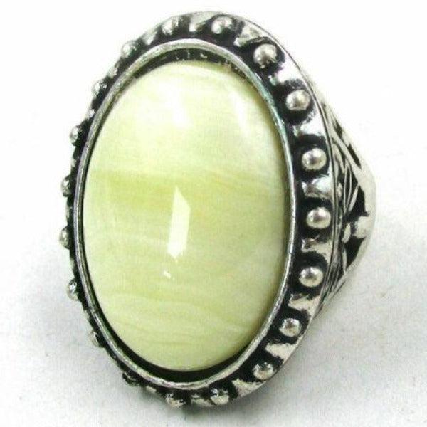 Ivory Marble Faux Oval Stone Silver Ring Size 8-Ring-SPARKLE ARMAND