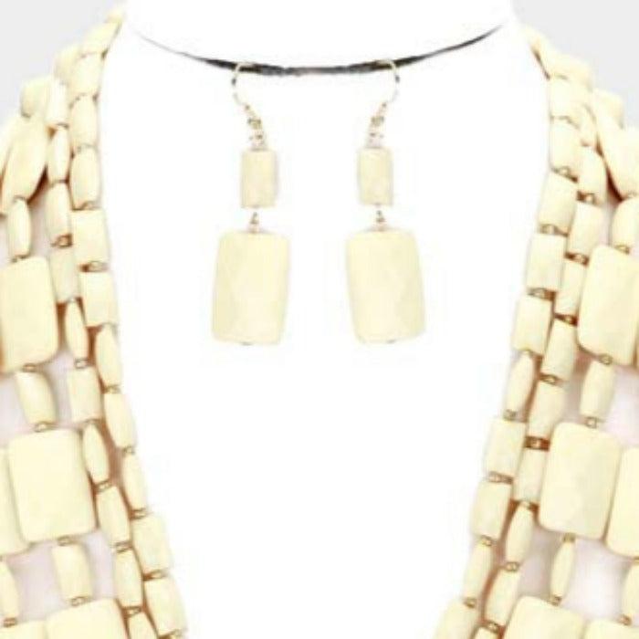Ivory Multi Strand Resin Rectangle Bead Necklace Set