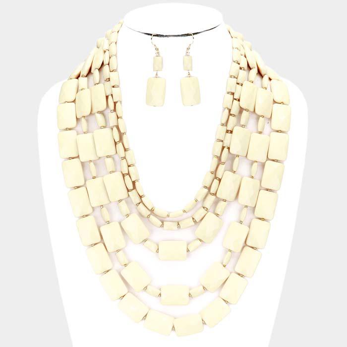 Ivory Multi Strand Resin Rectangle Bead Necklace Set