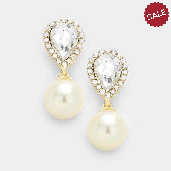 Ivory Pearl & Crystal Teardrop Evening Earrings-Earring-SPARKLE ARMAND