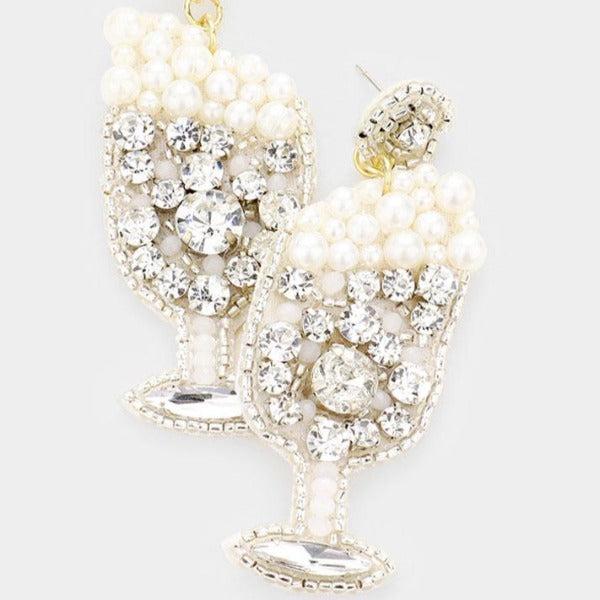 Ivory Pearl Rhinestone Cluster Champagne Earrings-Earring-SPARKLE ARMAND