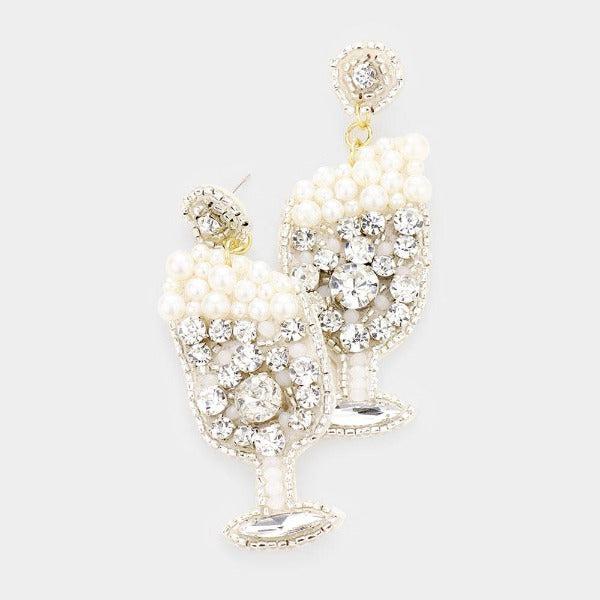 Ivory Pearl Rhinestone Cluster Champagne Earrings-Earring-SPARKLE ARMAND