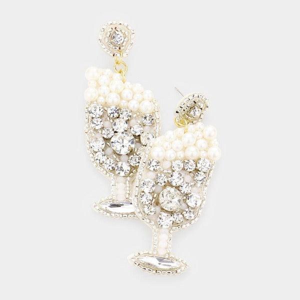 Ivory Pearl Rhinestone Cluster Champagne Earrings-Earring-SPARKLE ARMAND