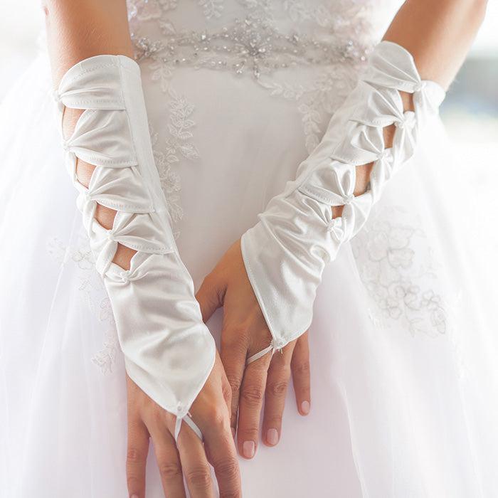 Ivory Satin Bows Fingerless Bridal Gloves-Gloves-SPARKLE ARMAND