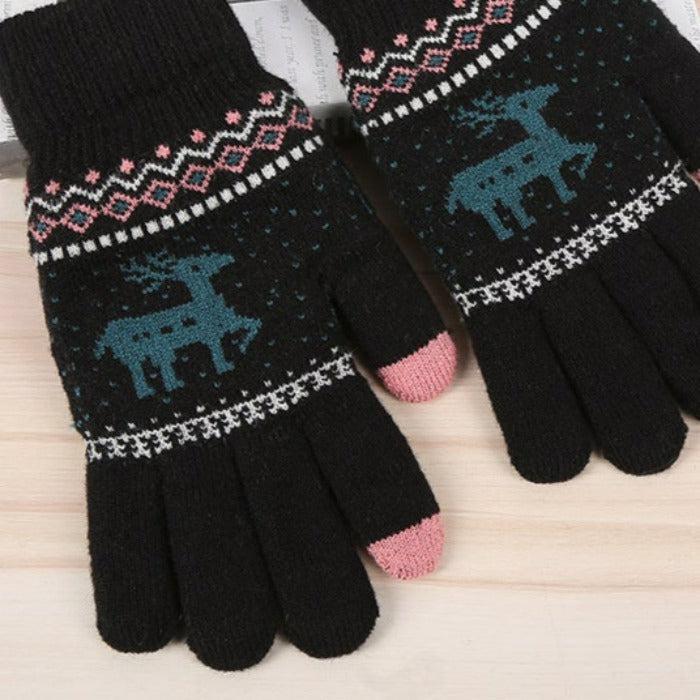 Jacquard Double Deer Black Knit Gloves
