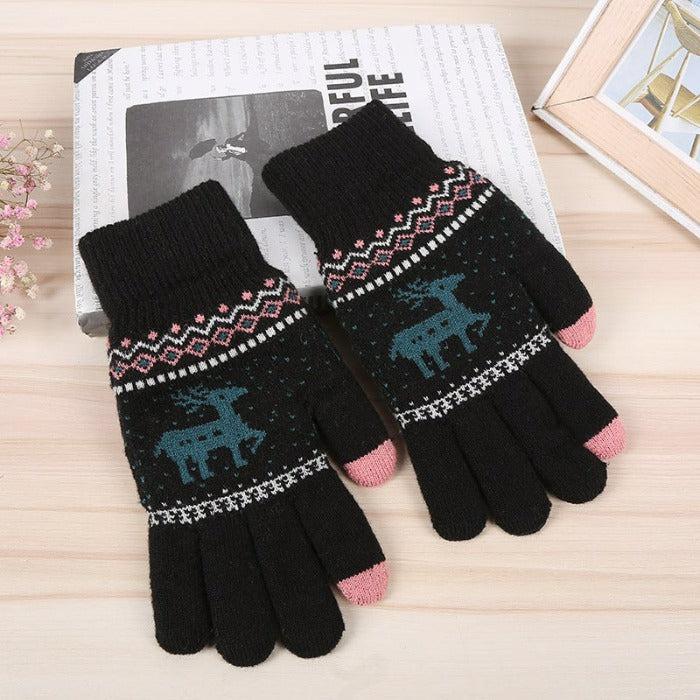 Jacquard Double Deer Black Knit Gloves