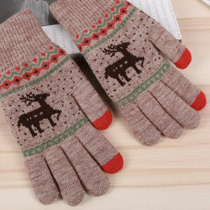 Jacquard Double Deer Brown Knit Gloves