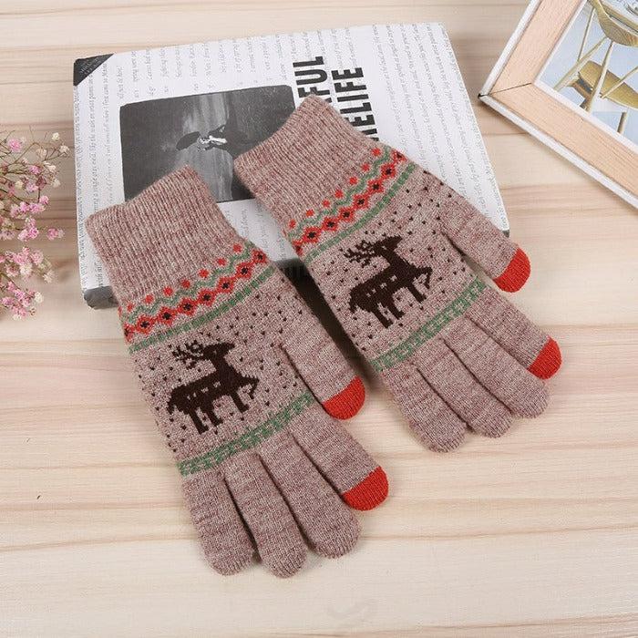 Jacquard Double Deer Brown Knit Gloves