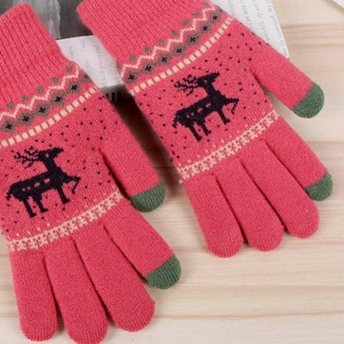 Jacquard Double Deer Dark Pink Knit Gloves