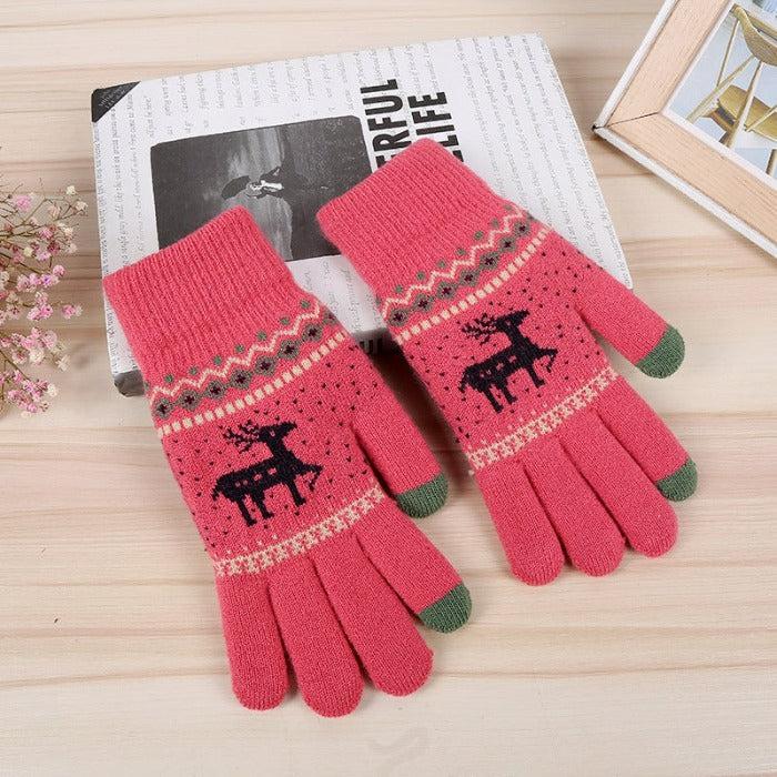 Jacquard Double Deer Dark Pink Knit Gloves