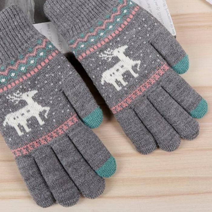 Jacquard Double Deer Gray Knit Gloves