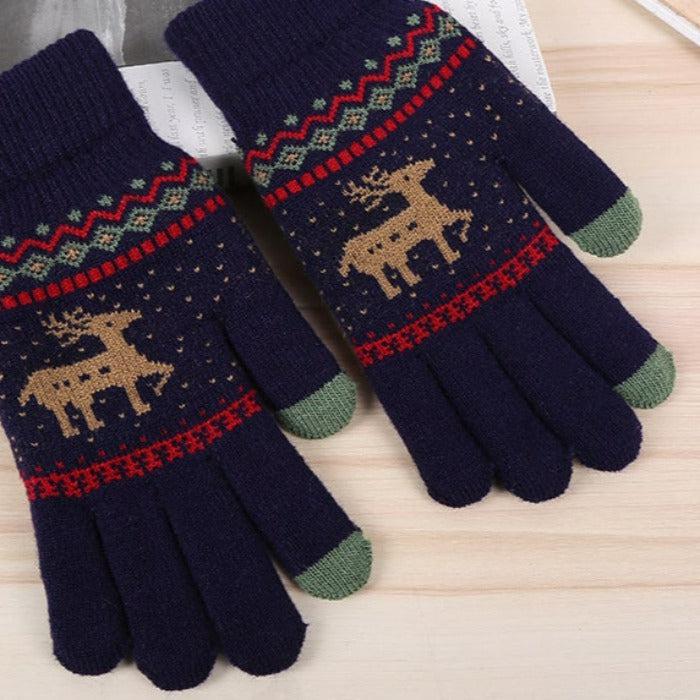 Jacquard Double Deer Black & Green Knit GlovesJacquard Double Deer Navy Blue & Green Knit Gloves