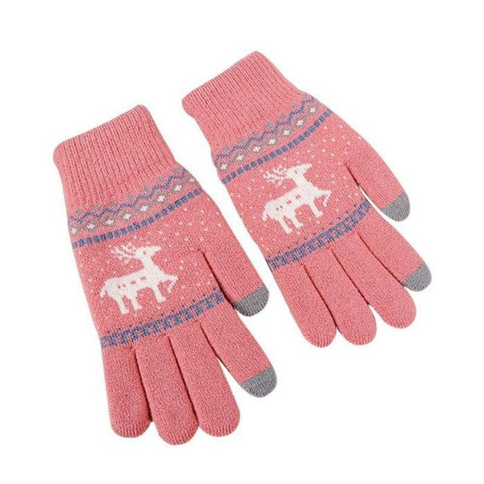 Jacquard Double Deer Pink Knit Gloves