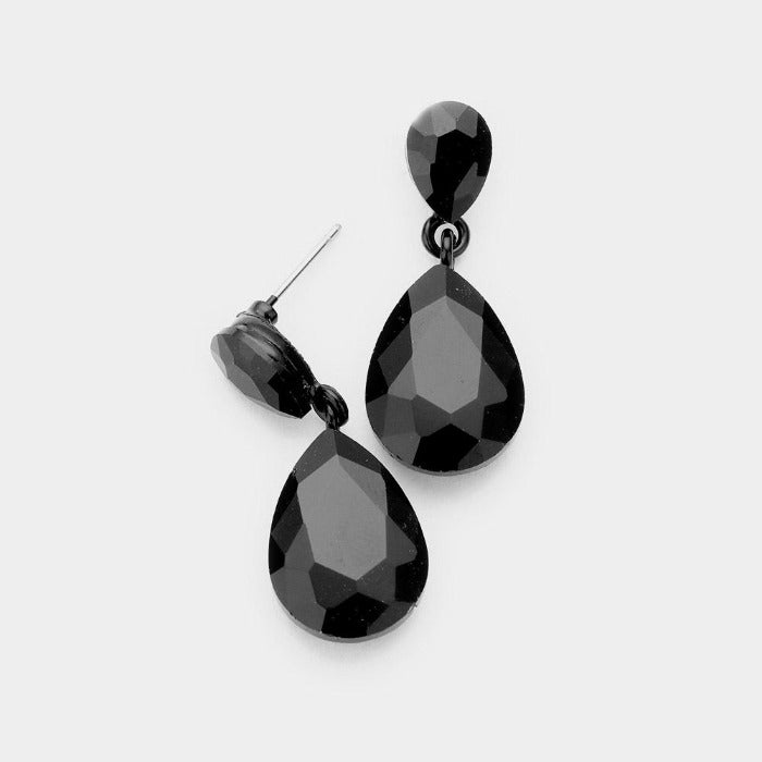 Jet Black Crystal Double Teardrop Earrings