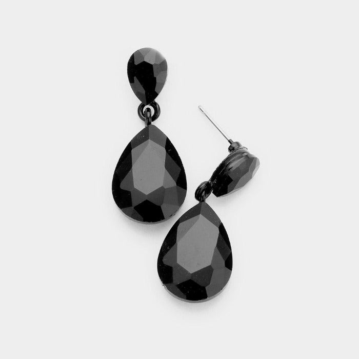 Jet Black Crystal Double Teardrop Earrings