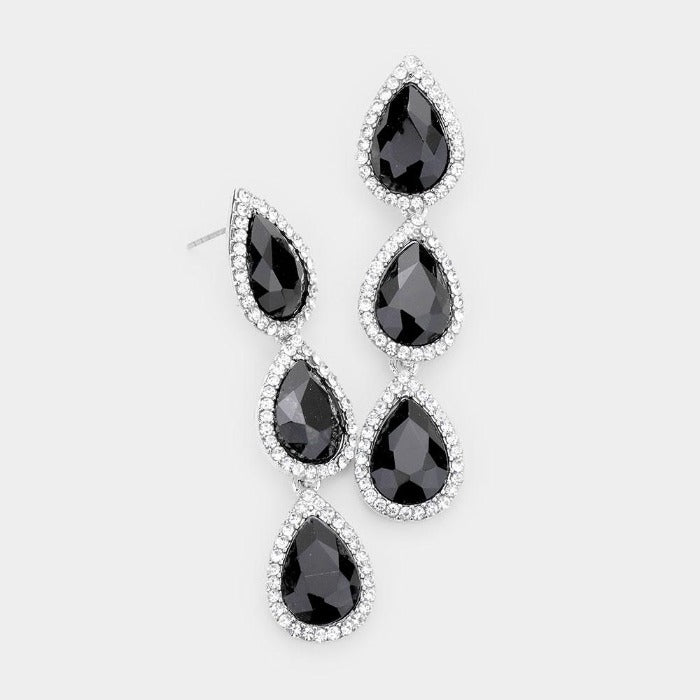 Jet Black Crystal Triple Teardrop Silver Earrings