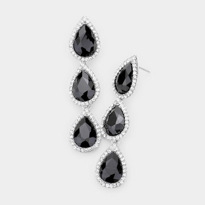 Jet Black Crystal Triple Teardrop Silver Earrings
