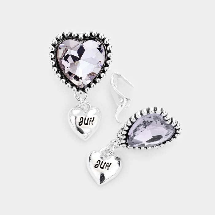 June _ Birthstone Heart Dangle Clip On Earrings