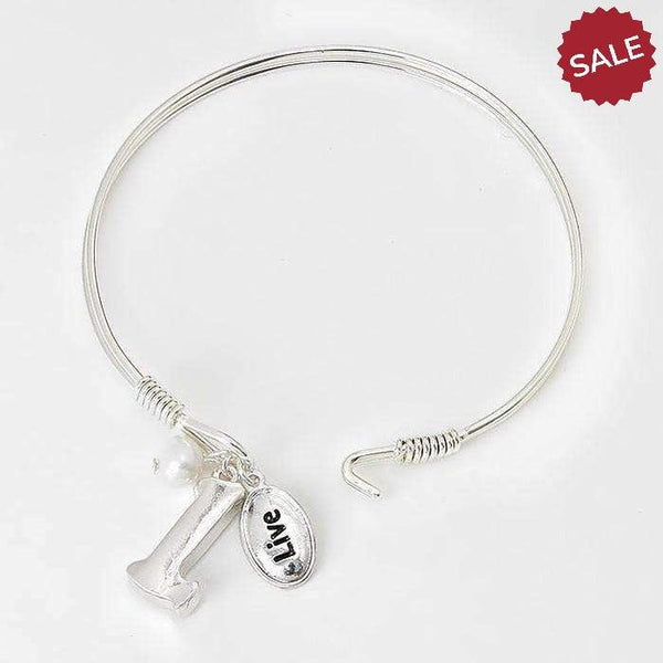 "L" Initial "Live" Pearl Charm Inspirational Silver Hook Bracelet