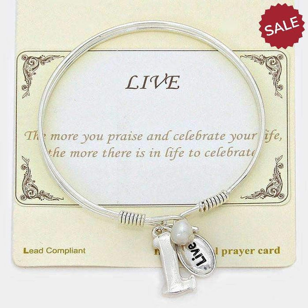 "L" Initial "Live" Pearl Charm Inspirational Silver Hook Bracelet