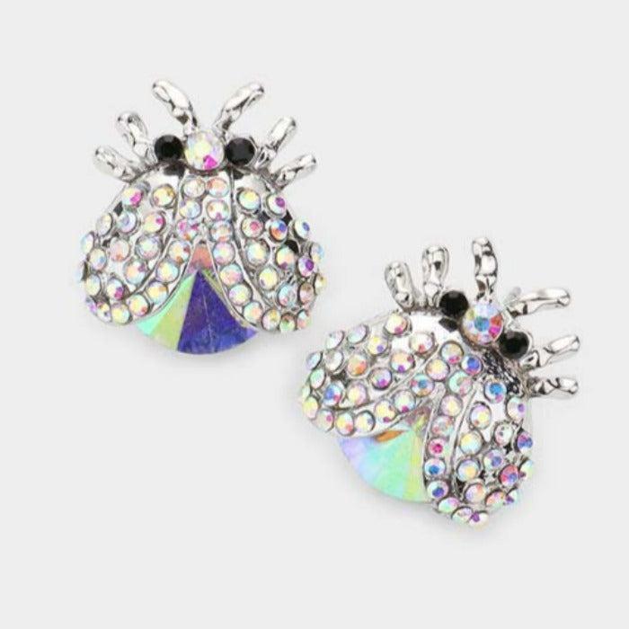 Ladybug Abalone Rhinestone Evening Stud Earrings