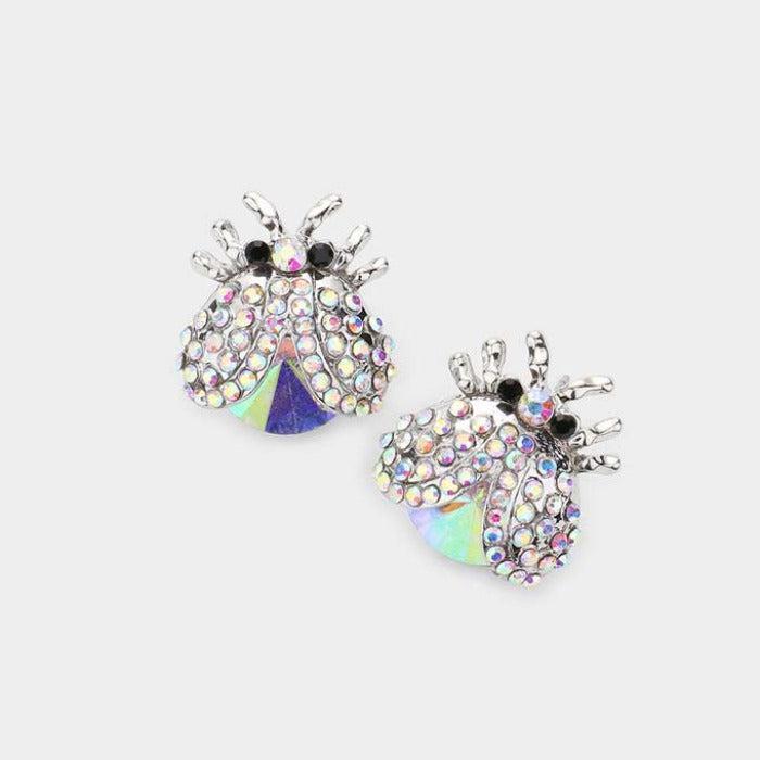 Ladybug Abalone Rhinestone Evening Stud Earrings