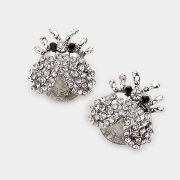 Ladybug Clear Rhinestone Evening Stud Earrings