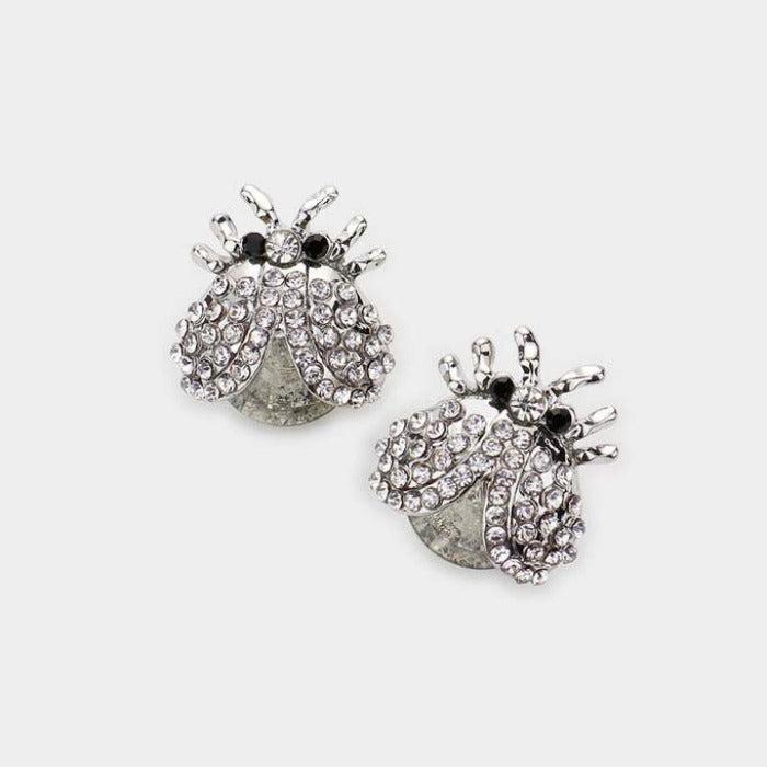 Ladybug Clear Rhinestone Evening Stud Earrings
