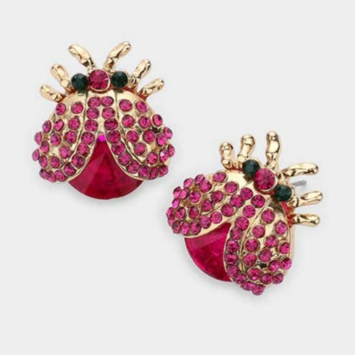 Ladybug Red Rhinestone Evening Stud Earrings