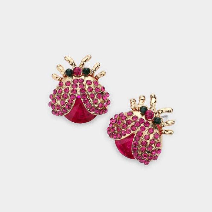 Ladybug Red Rhinestone Evening Stud Earrings
