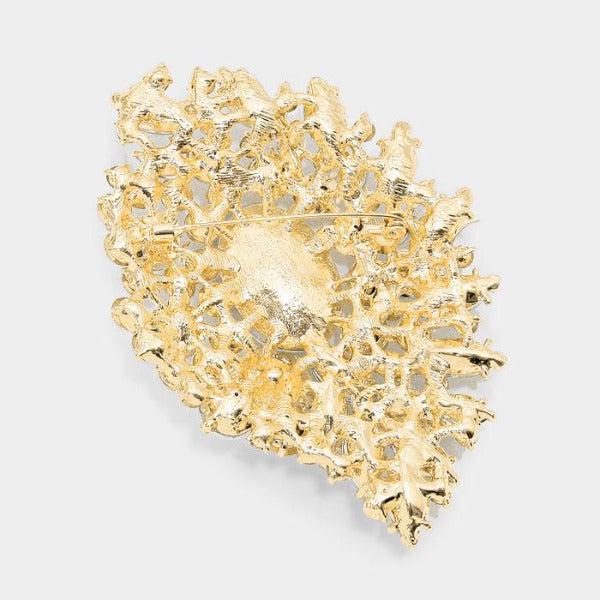 Large Oval Crystal Accented Flower Pin Brooch