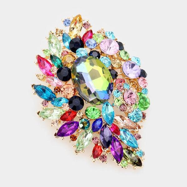 Large Oval Crystal Accented Flower Pin Brooch