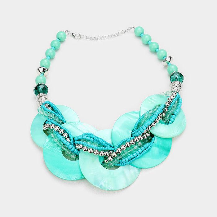 Layered Teal Round Shell Twisted Multi Beaded Necklace Set