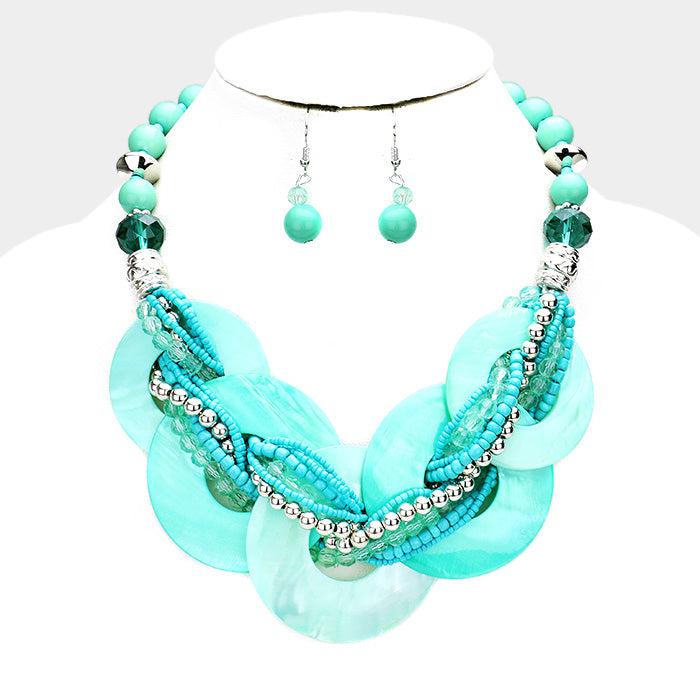 Layered Teal Round Shell Twisted Multi Beaded Necklace Set