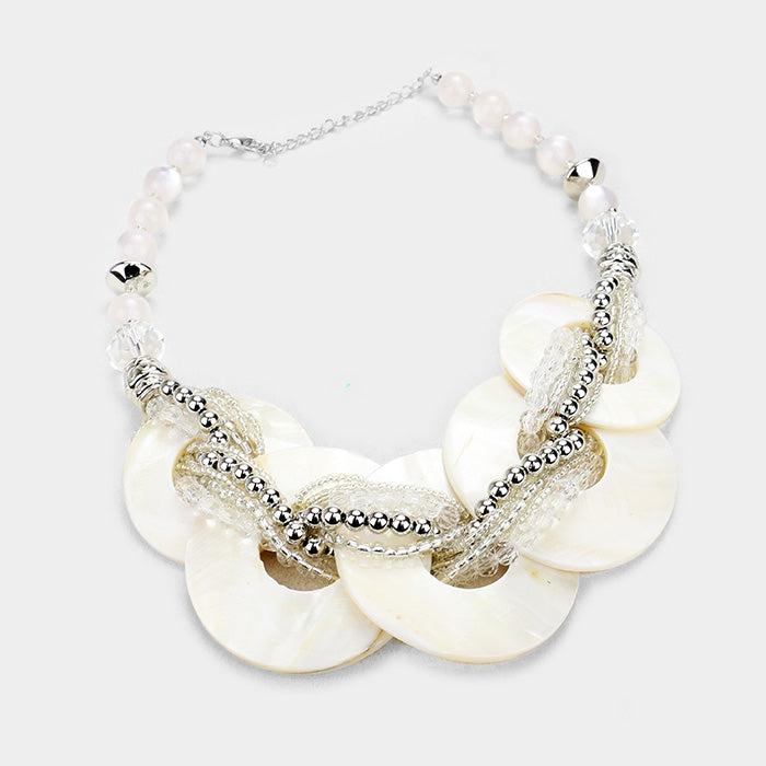 Layered White Round Shell Twisted Beaded Necklace Set