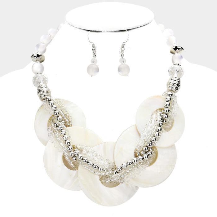 Layered White Round Shell Twisted Beaded Necklace Set