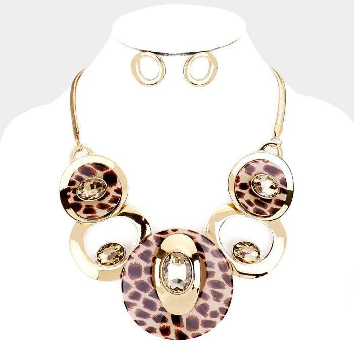 Leopard Acetate Glass Stone Statement Necklace Set