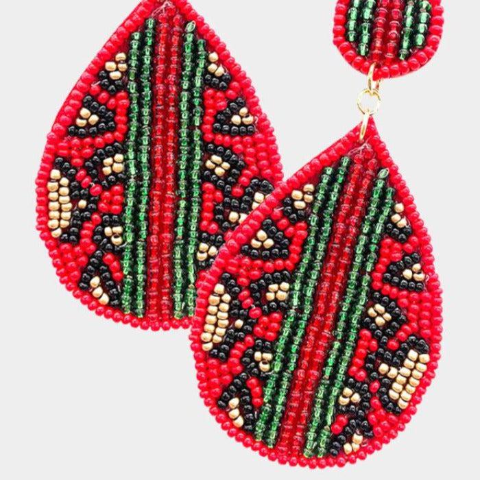 Leopard Pattern Red Color Block Seed Beaded Earrings by Treasure Jewelry