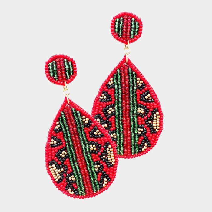 Leopard Pattern Red Color Block Seed Beaded Earrings by Treasure Jewelry