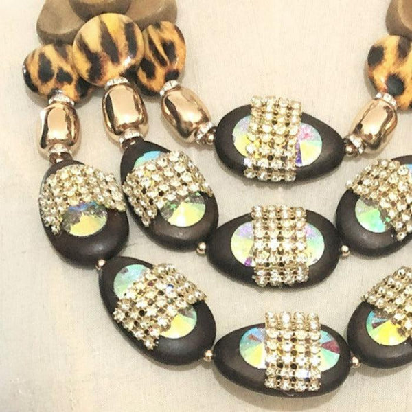 Leopard Pattern Point Wood Bib Statement Necklace Set