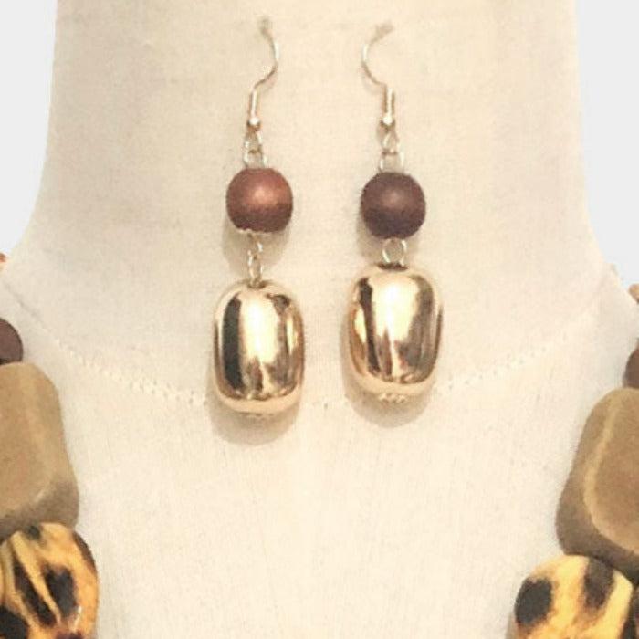 Leopard Pattern Point Wood Bib Statement Necklace Set