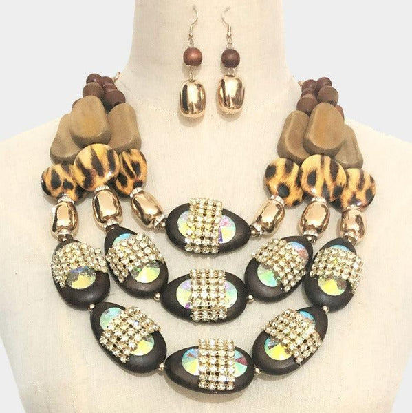 Leopard Pattern Point Wood Bib Statement Necklace Set