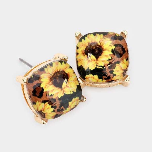 Leopard Pattern Sunflower Printed Square Stud Earrings