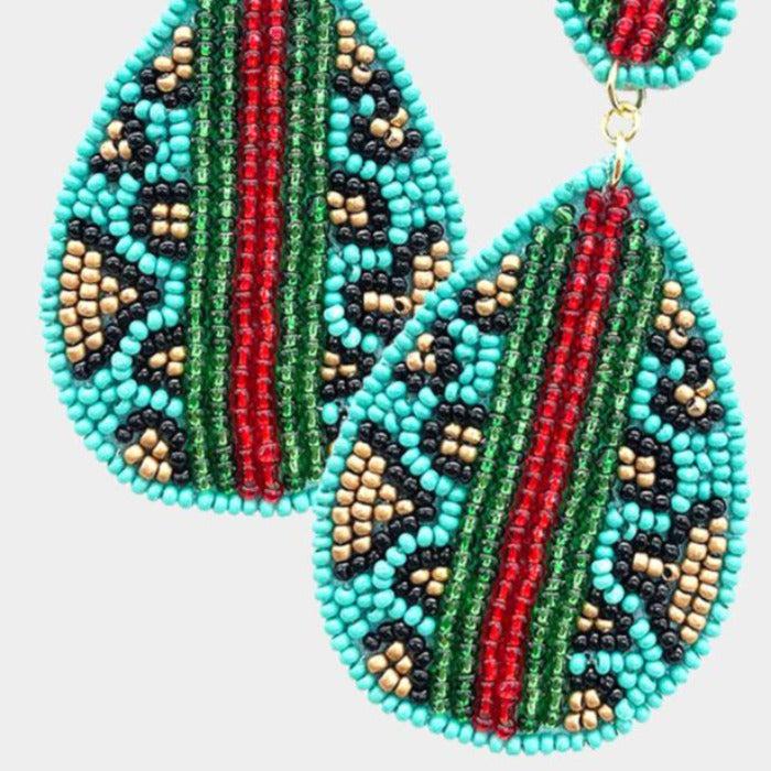 Leopard Pattern Turquoise Color Block Seed Beaded Earrings