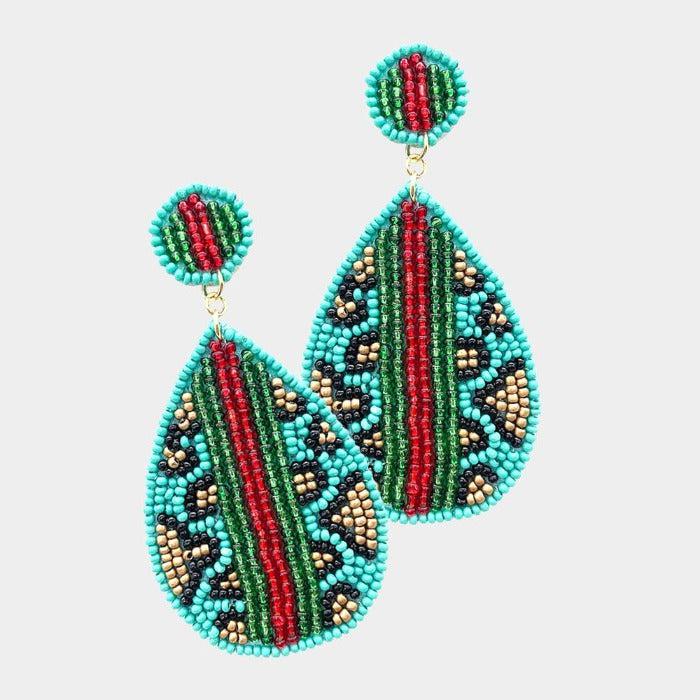 Leopard Pattern Turquoise Color Block Seed Beaded Earrings