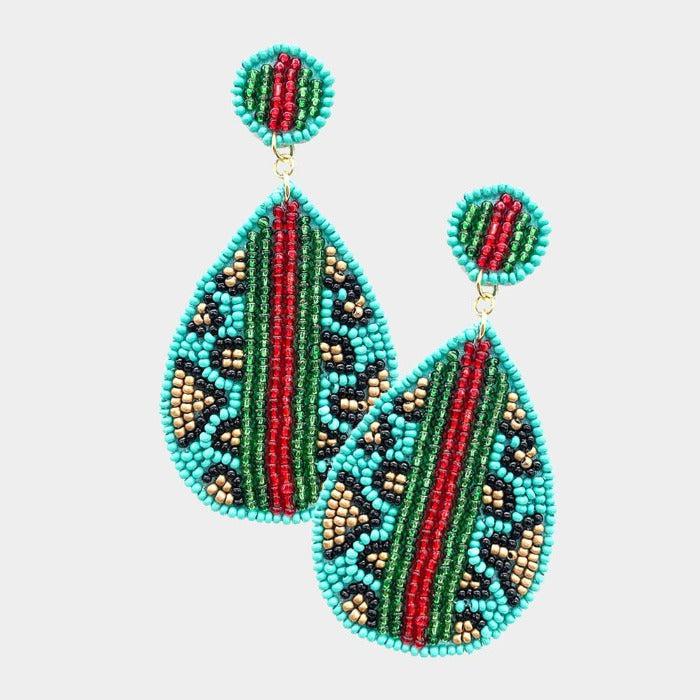 Leopard Pattern Turquoise Color Block Seed Beaded Earrings