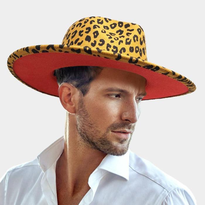 Leopard Patterned Mustard Yellow Felt Rancher Panama Hat